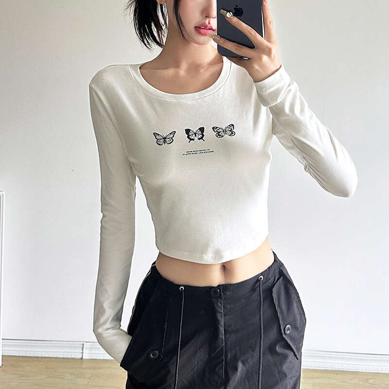 2024 Autumn New Women's Solid Color Slim Fit Crop Fashion Round Neck Printed Long Sleeve Top 876
