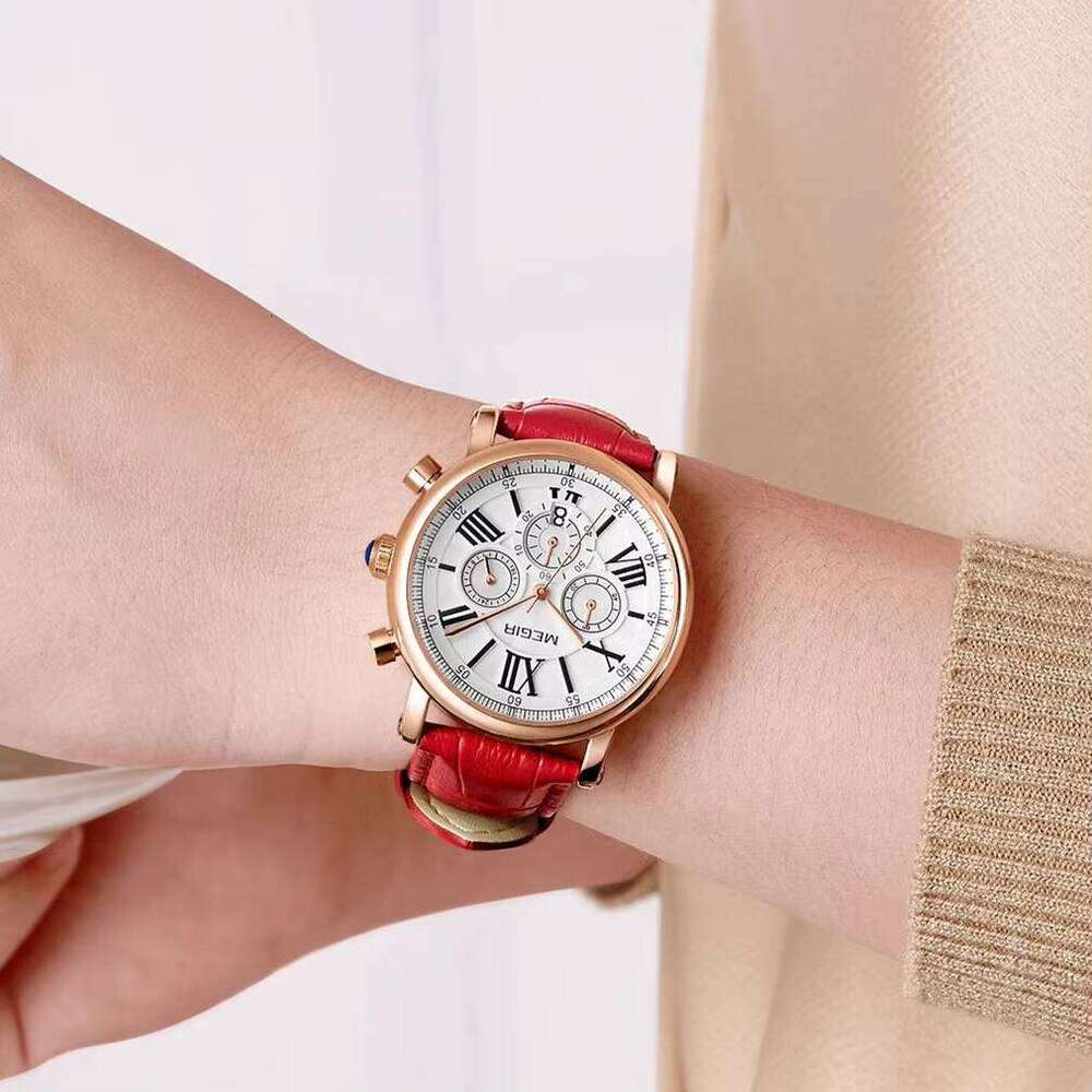 MEGIR Women's Roman Numerals Watch - Leather Strap, Chronograph, Waterproof, 38mm - Fashion Quartz