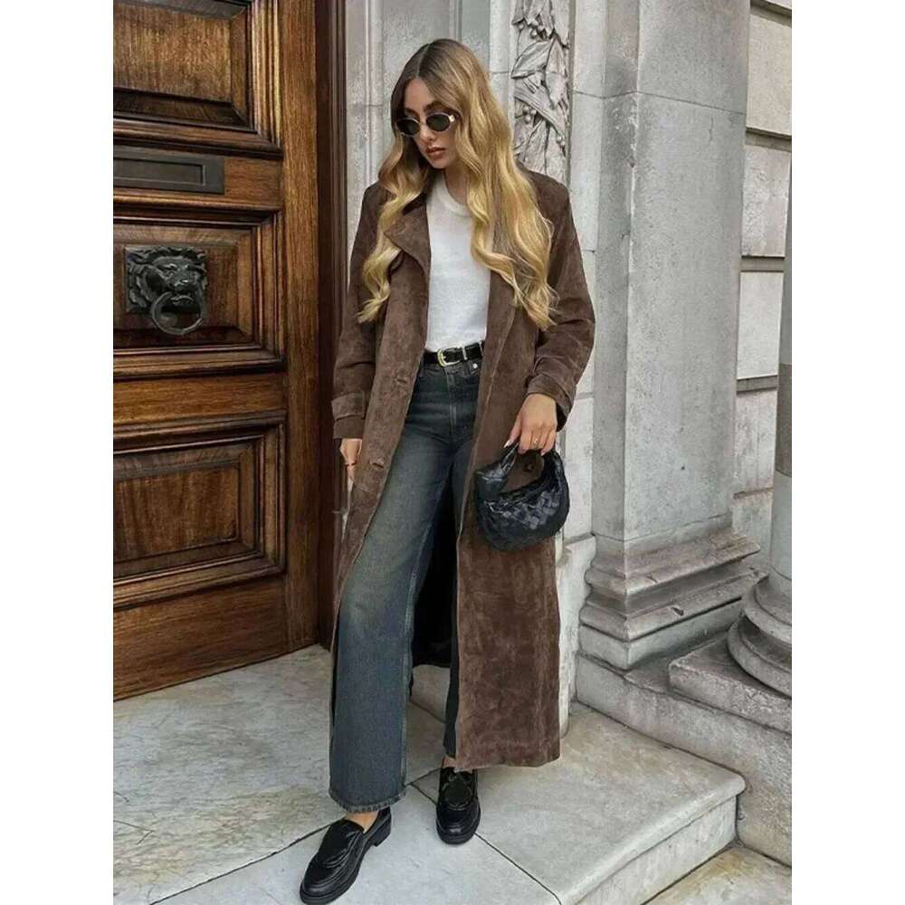 Designer Clothing Chic Lapel Long Sleeve Fashion Brown Women Imitation Deer Fur Coat High Street Outwear Double-Breasted Windbreaker Autumn Lady Fashi