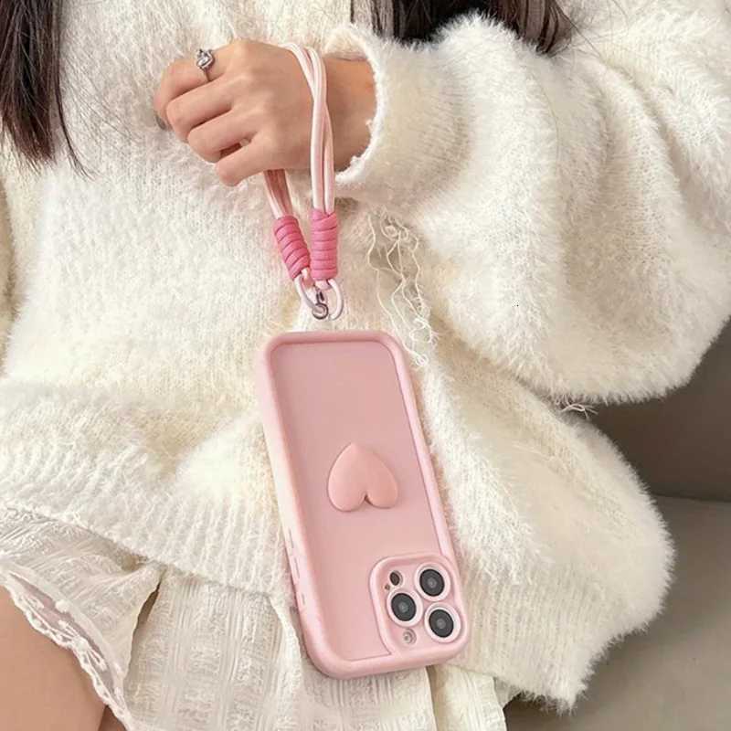 3D Pink Love Heart Silicone Soft Phone Case For iPhone 16 15 14 13 12 11 Pro Max XS XR X 7 8 Plus SE With Lanyard Rope Cover R250724