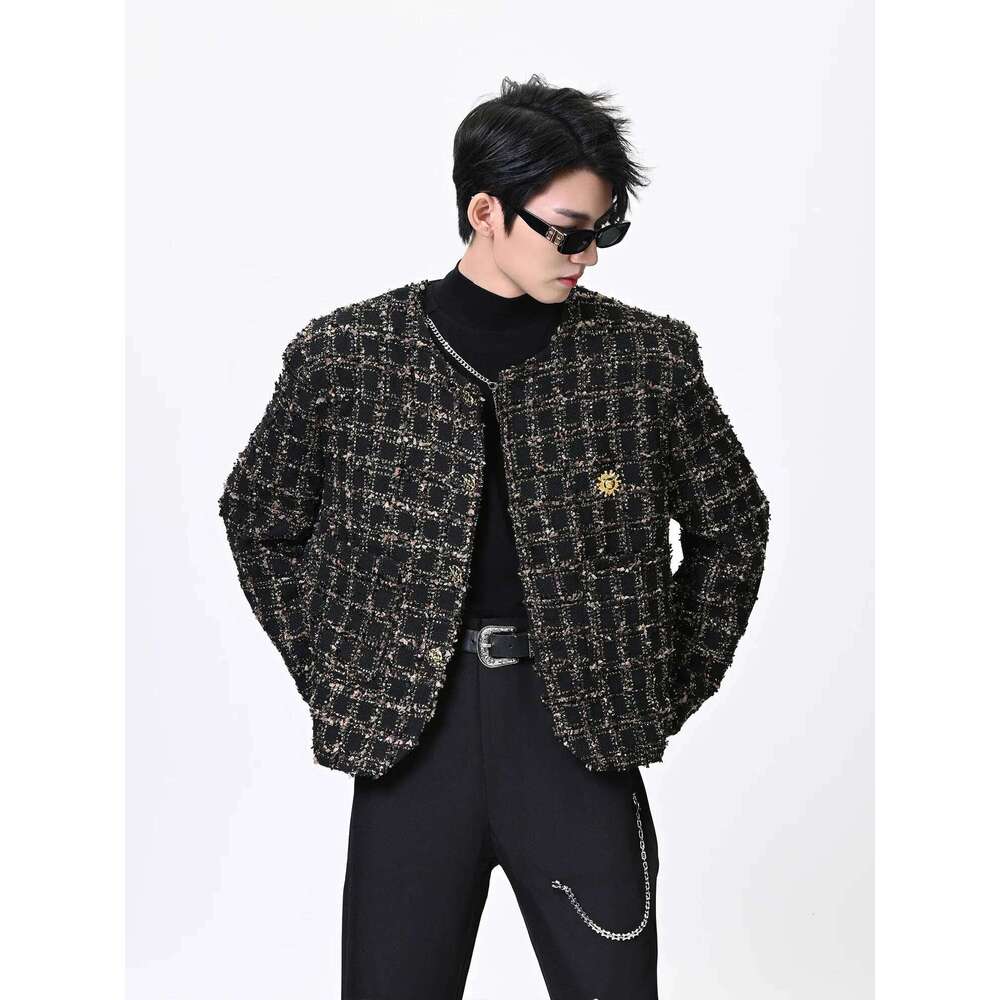 Male Small Fragrant Coats 2025 New Trendy Masculinity Tweed Plaid Long Sleeve Round Neck Tops Men's Chic Short Jackets