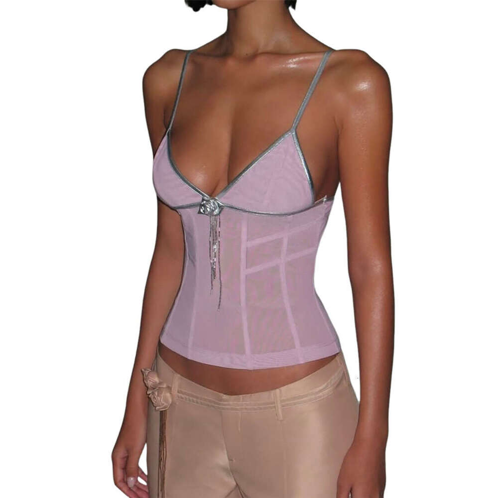 2025 Summer New Hot Girl American Style Pure Desire Sexy Versatile Chest Wrap Waist Cinching Camisole Top Women's Clothing 496
