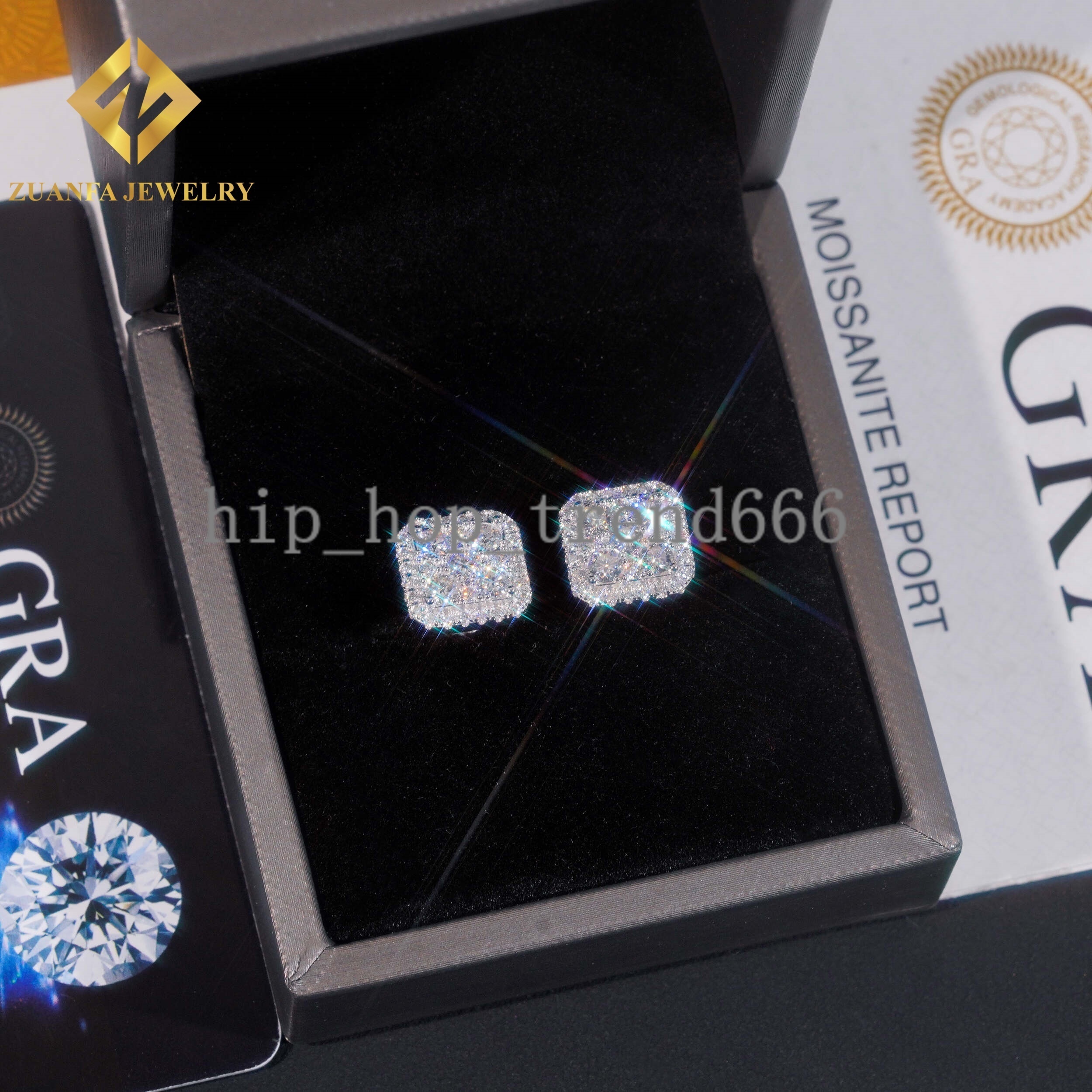 Square Shape VVS Moissanite Stud Earrings 925 Silver Gold Plated Stud Earring Fine Hip HOP Jewelry Men Women