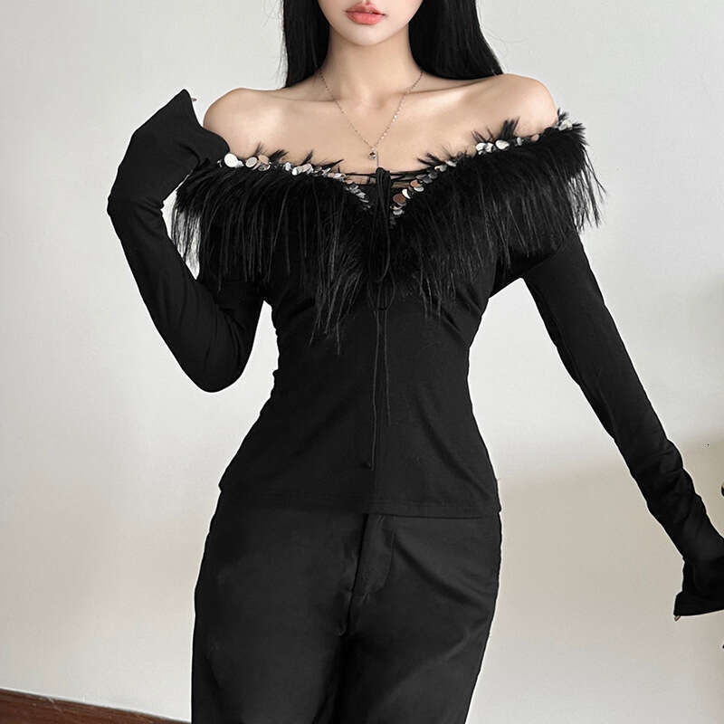 2024 Autumn Winter New Women's Solid Color Slim Fit Street Fashion V-Neck Long Sleeve Top 6b6