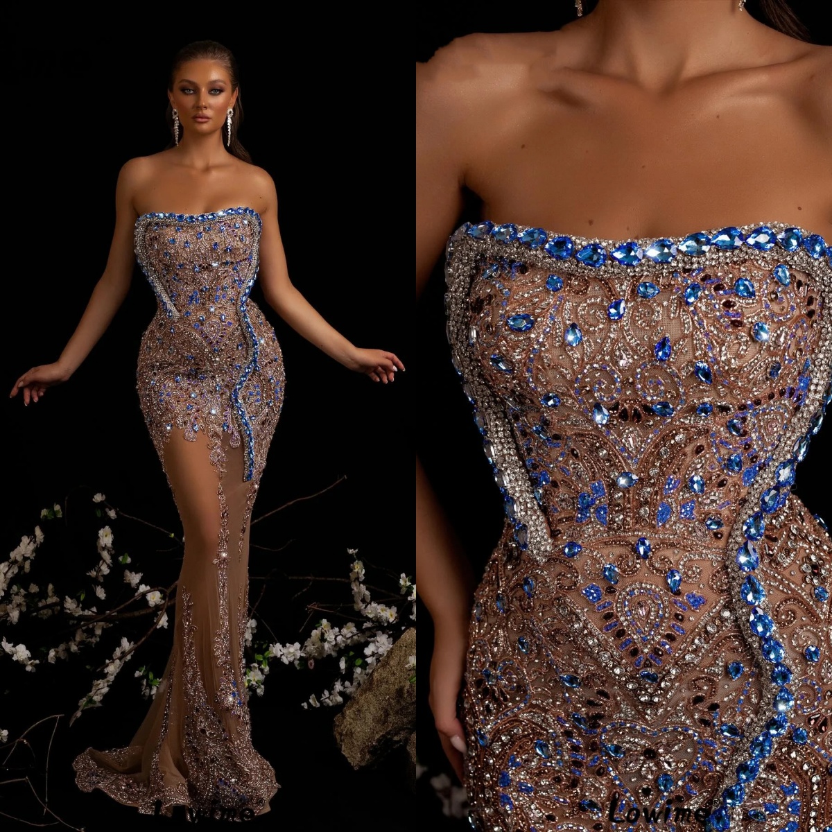 Sparkly Evening Dresses For Women Strapless Sleeveless Gown Crystal Sequins See Through Sweep Train Dress Party Customized Dress