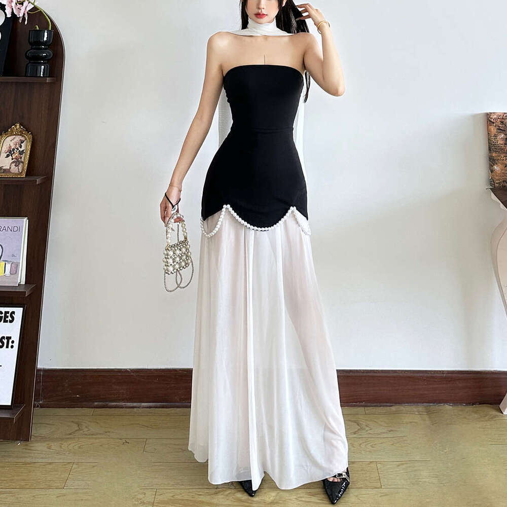 2025 Summer New Solid Color Patchwork Fashion Casual Trendy Elegant Slim Fit Strapless Long Dress e64