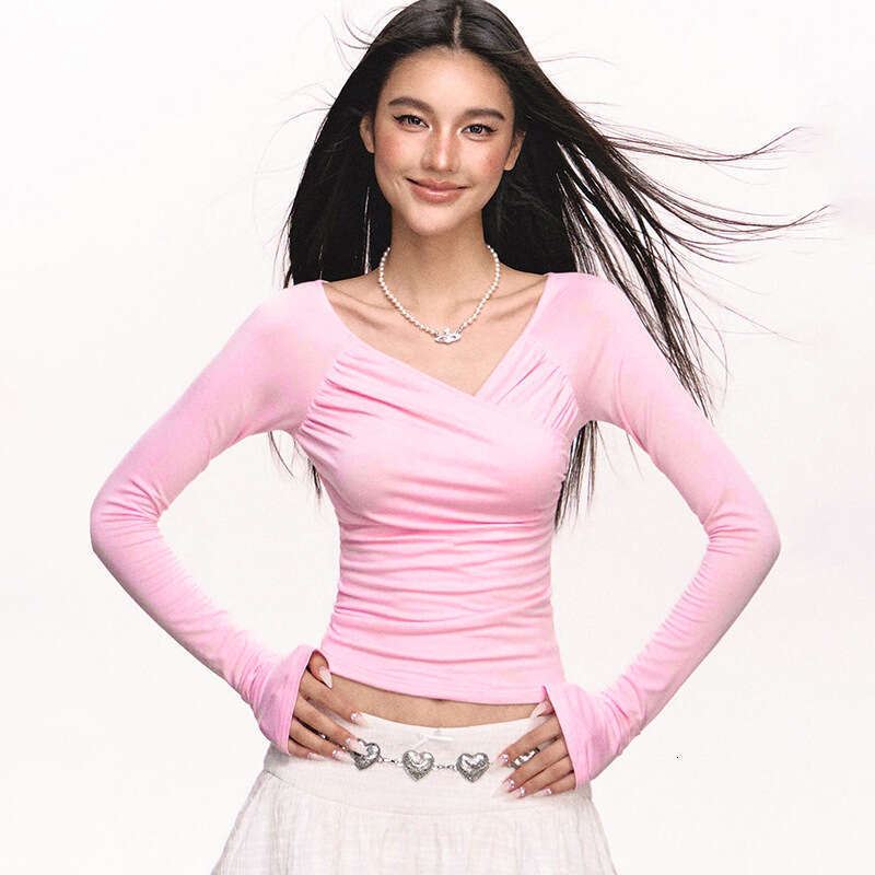 Qtp569 Women's Autumn New Solid Color V-Neck Two-Way Sexy Long Sleeve T-Shirt Top For Women B5