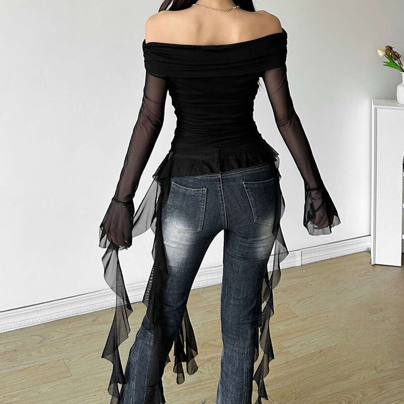 2024 Autumn New Women's Solid Color Slim Fit Street Fashion Off-Shoulder Long Sleeve Backless Top c3d