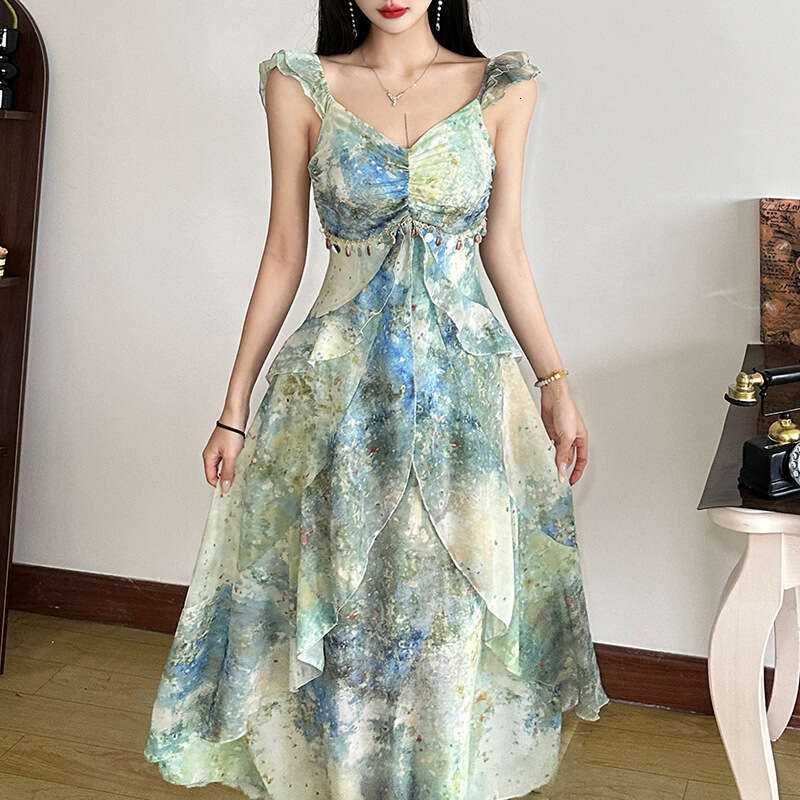 INS2025 Spring New Women's Solid Color Slim Fashion V-neck Strap Sleeveless Dress 46a