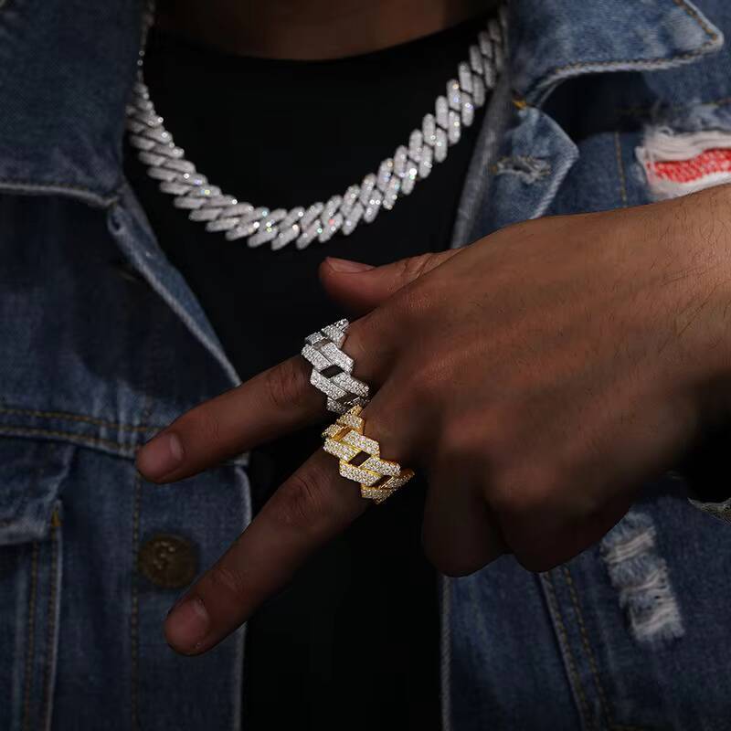 European American S925 Sterling Silver Moissanite Ring Diamond Shaped Light Studding Hip Hop Stylish Versatile Ring Cross Border