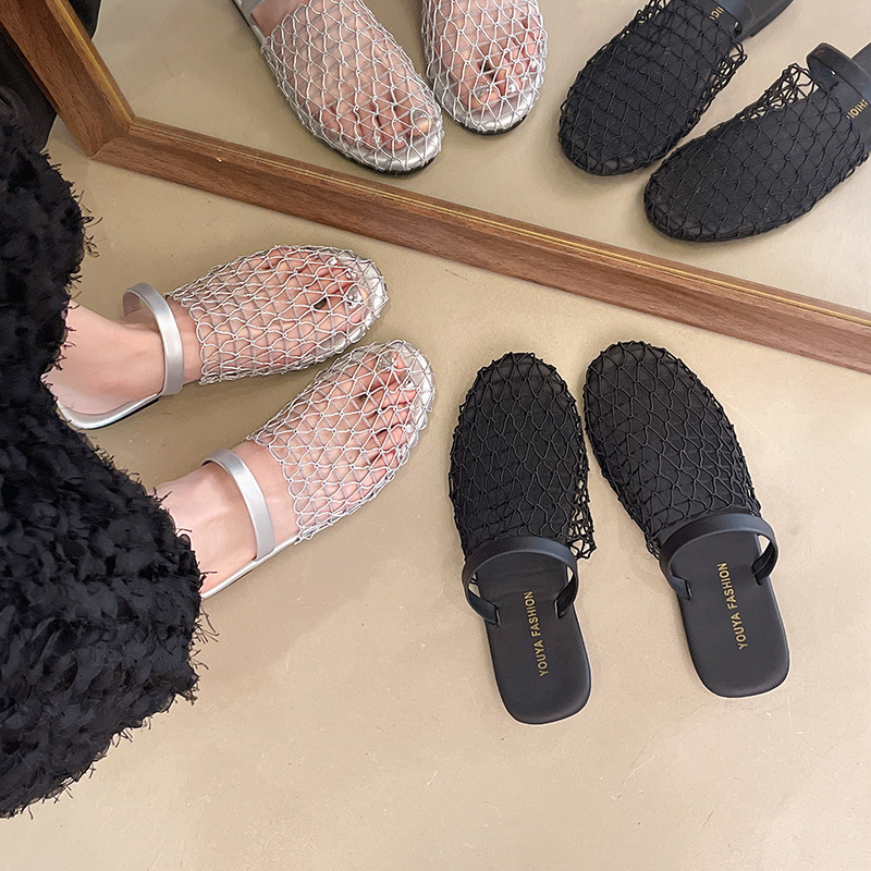 Ddmysports French Style Fishnet Toe Cap Half Slippers For Women Summer Outdoor New Mesh Hollow Woven Roman Sandals Outdoor Shoes