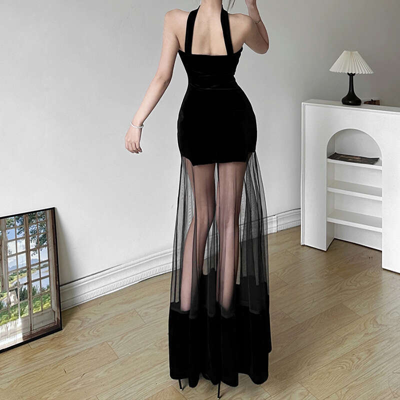 2023 Autumn Winter New Women's Fashion Sexy Halter Neck Backless Mesh Dress f0d