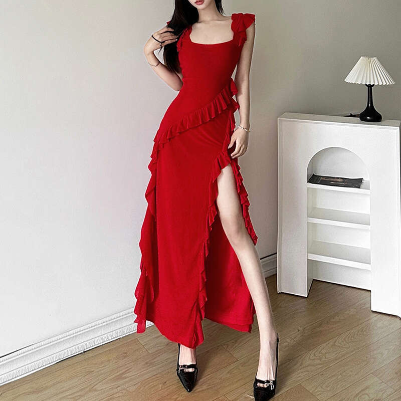 2023 Autumn Winter New Sexy Fashion Backless Strap Mid-Length Slit Dress 933