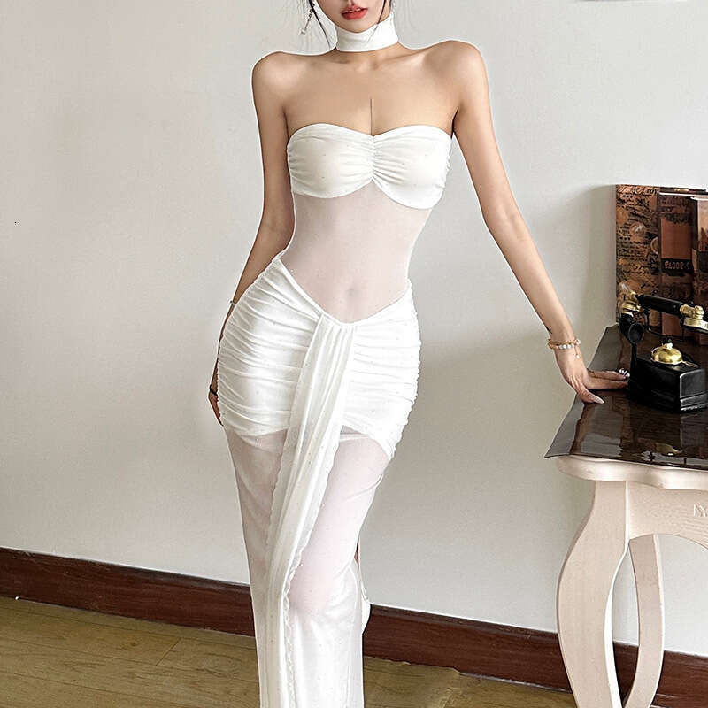 2024 Autumn New Women's Solid Color Slim High Waist Fashion Off-Shoulder Sleeveless Dress 7c5