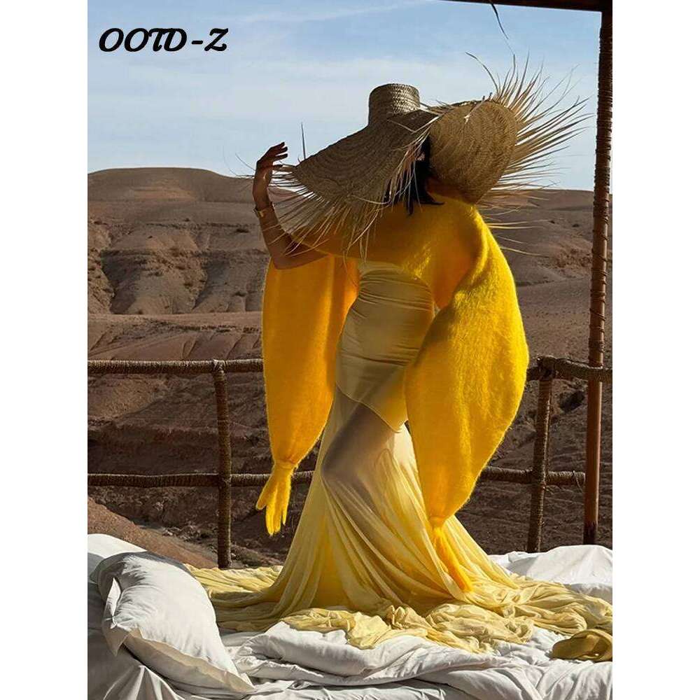 Designer Clothing 2025 Solid Chiffon Tube Top Patchwork Extra Long Floor Length Women Dress Slim Yellow Perspective Robe Summer Beach Holiday Dresses