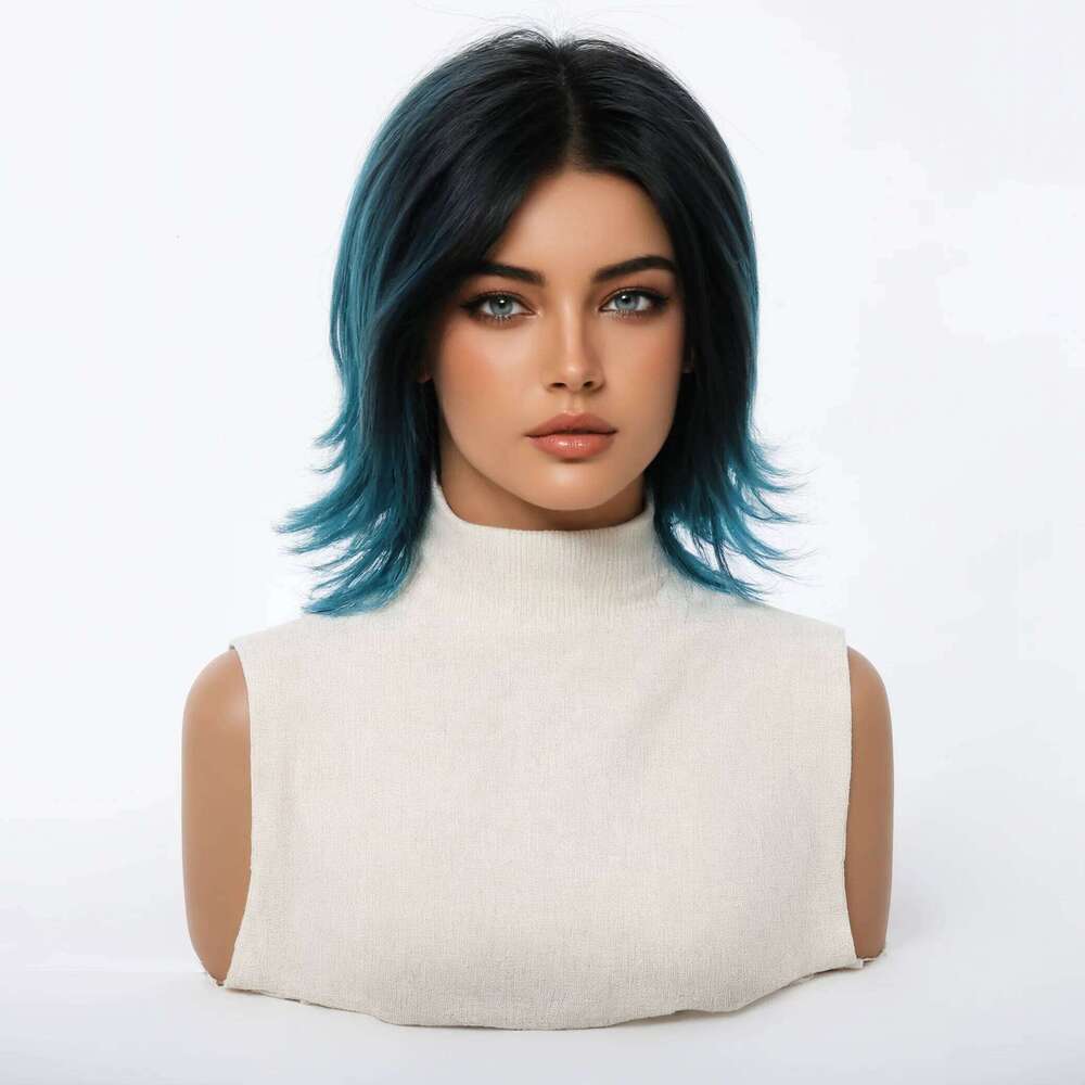Allbell Magique Short Layered Synthetic Wigs Black To Blue Fake For Women Party Cosplay Use Natural Heat Resistant Hair