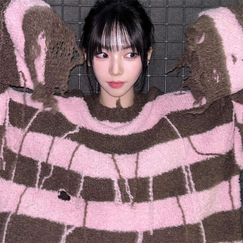 Women's Clothing 2023 Autumn Winter New Street Fashion Striped Loose Ripped Long Sweatshirt 911