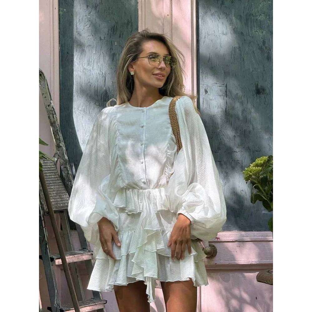 Designer Clothing 2025 Irregular Ruffled Edge Buttons Lantern Sleeve Dress Women Chic Pleated Chiffon O Neck Mini Gowns Lady High Street Vestidos 2025