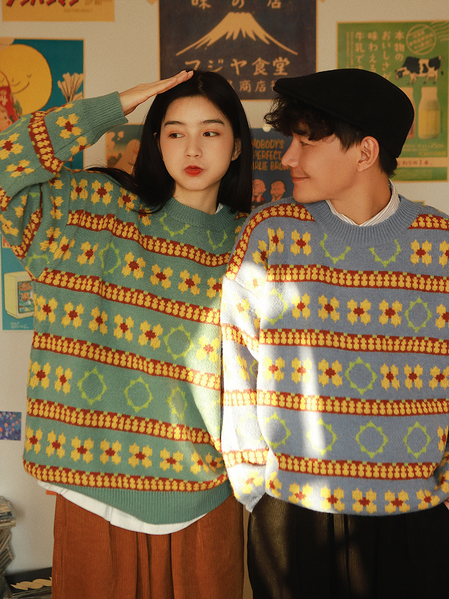 Autumn Winter Japanese Pullover Striped Floral Pattern Long Sleeved Knitted BF Loose Lazy Style Couple Sweater Jacket