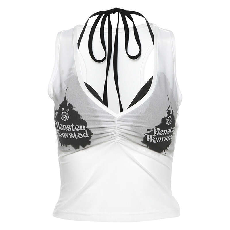 2025 Spring New Women's Solid Color Slim Fit Fashion V-neck Camisole Printed Two-piece Set Vest 8ac