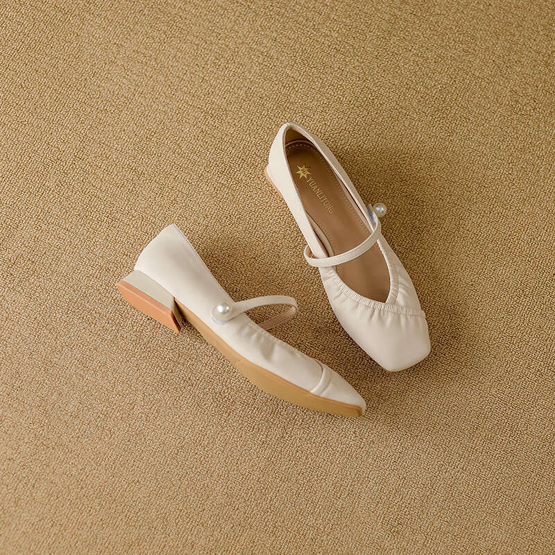 Yuanlitong 2025 Autumn New Professional Style Work Small Chunky Heel Flat Granny Wrinkled Genuine Leather Single Shoes for Women