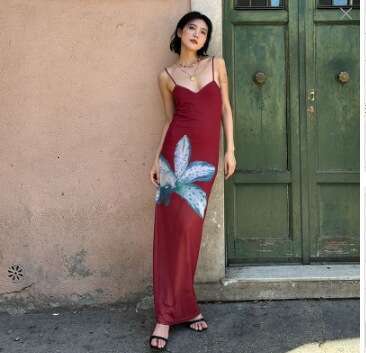 2025 Summer New Elegant Sexy Printed Slim Waist Slimming High-end Strap Dress for Women 0ee