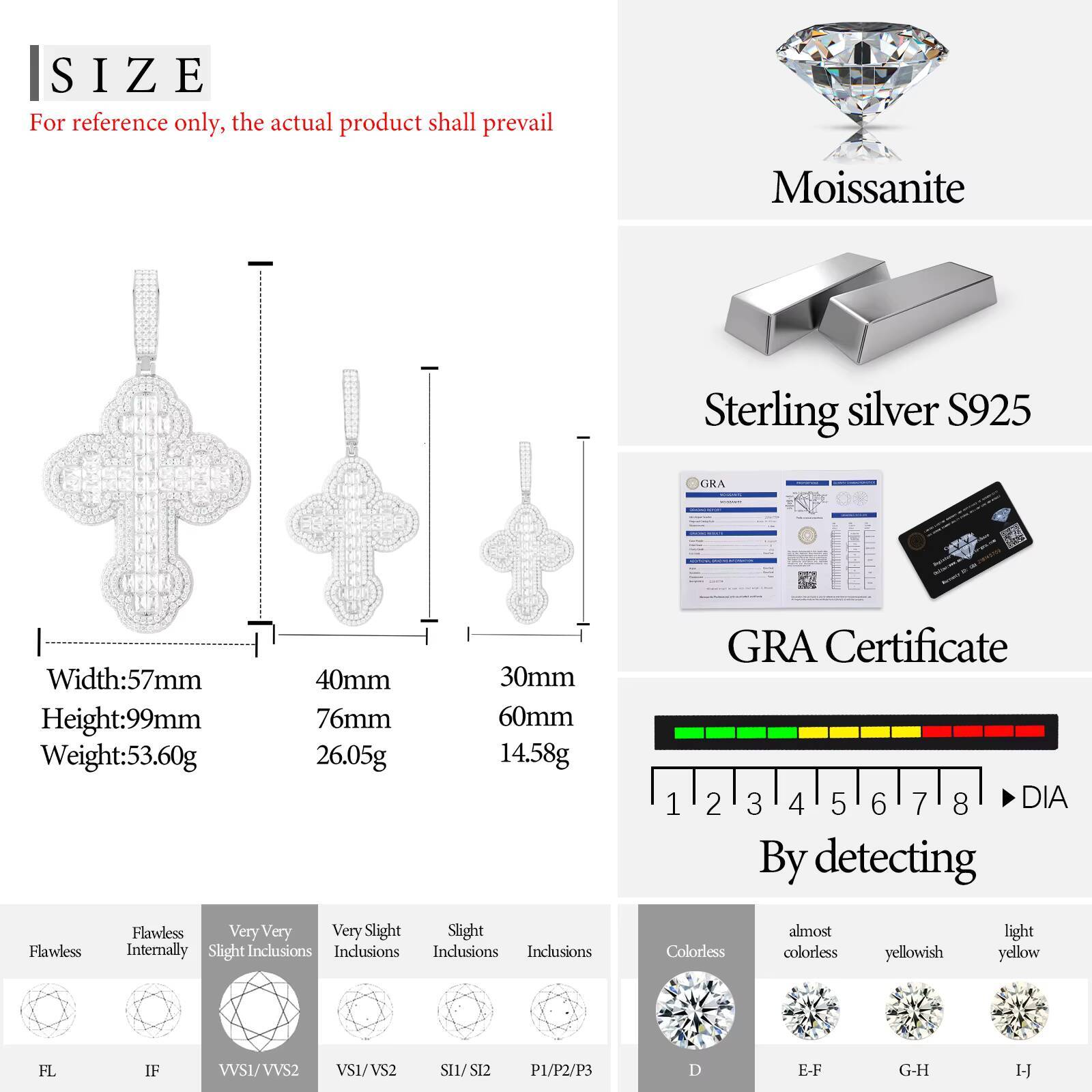 Fine Hip Hop Jewelry Custom 925 Sterling Silver 3 Sizes Baguette Moissanite Iced Out Cross Pendant for Men