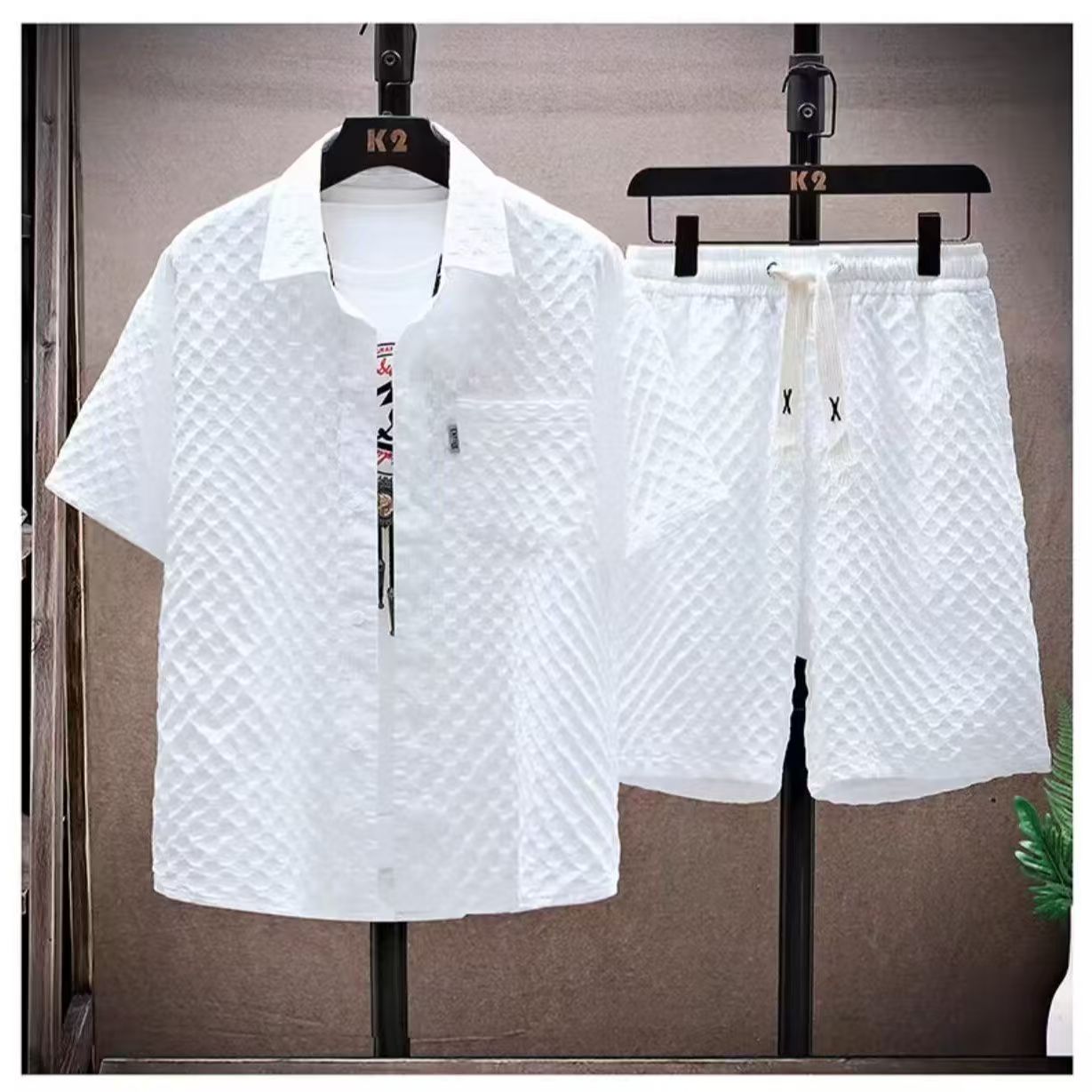 Advanced Jacquard T-shirt men's fashion brand summer plus size heavy short sleeve American high street five and a half sleeves suit.#0143639665