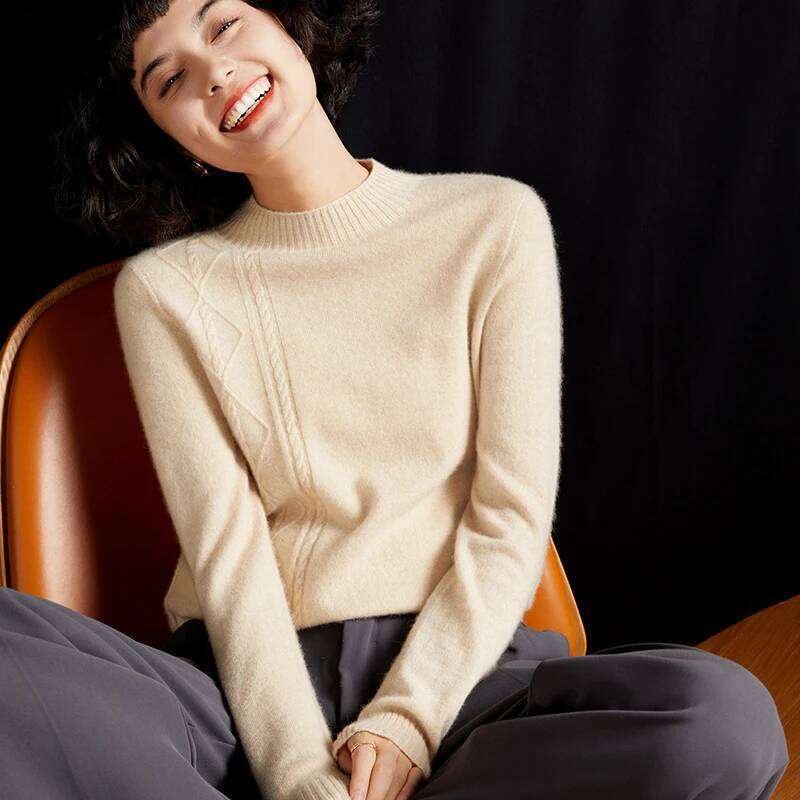 Women's Pullover Autumn/Winter 100% Pure Cashmere Casual Solid Knit Sweater Half Turtleneck Loose Tops All-Match Blouse MDNG
