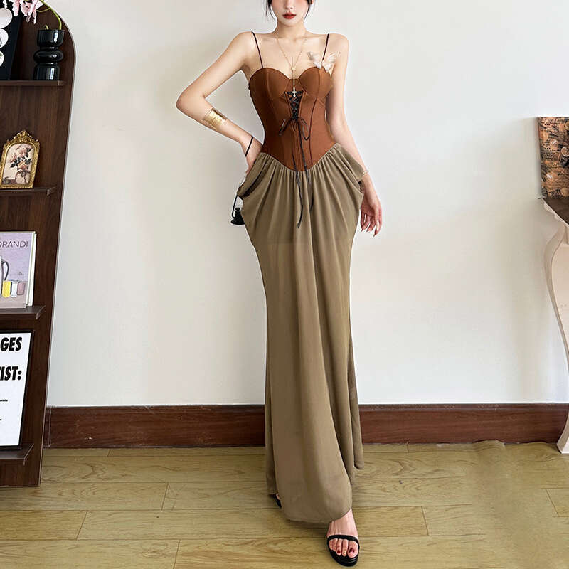 2025 Women's Independent Column Summer New Street Fashion Sexy Strap Spliced Long Dress e6c