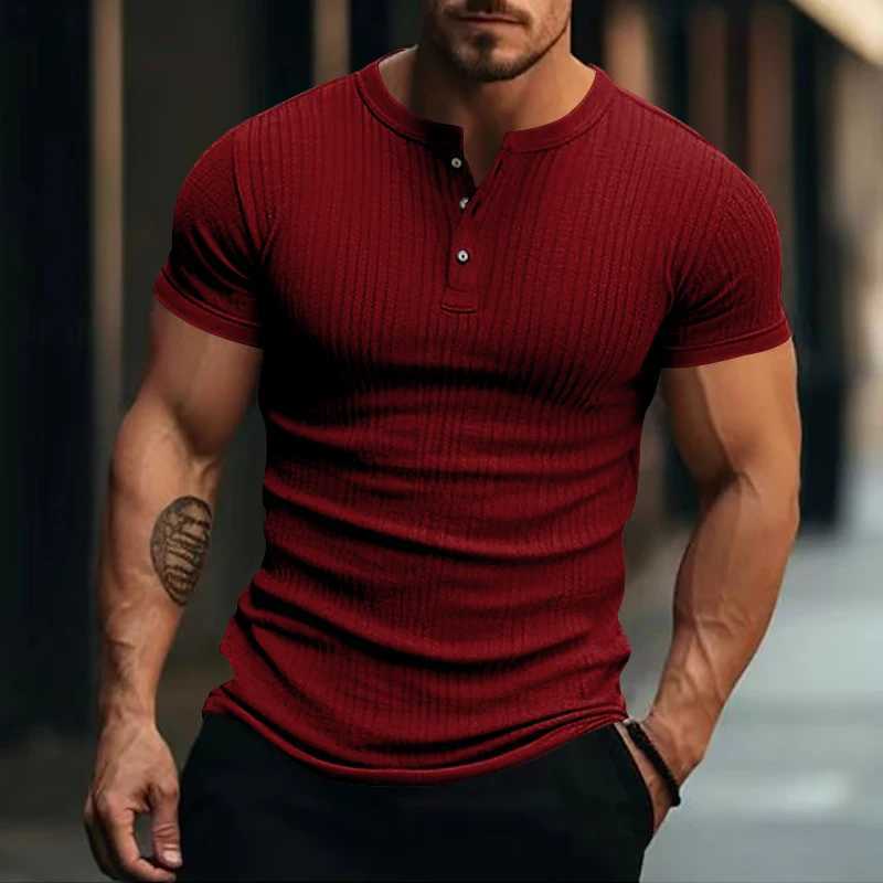 Mens Stylish Stripe Knit T-shirt -Fashionable Henley Neck Short Sleeves Soft Breathable - Perfect Comfy Tops for Leisurewear Y250724