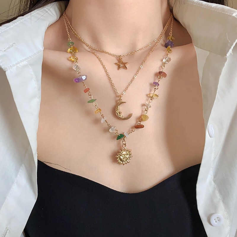 Fashion New Moon Pendant Stone Layered Suower Necklace High-end Simple Jewelry for Women Jewelry for Women