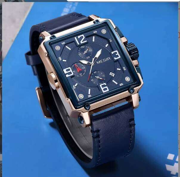 MEGIR Men's Square Chronograph Watch - Waterproof, Luminous, Leather Strap, 41mm - Bulk Wholesale Watch
