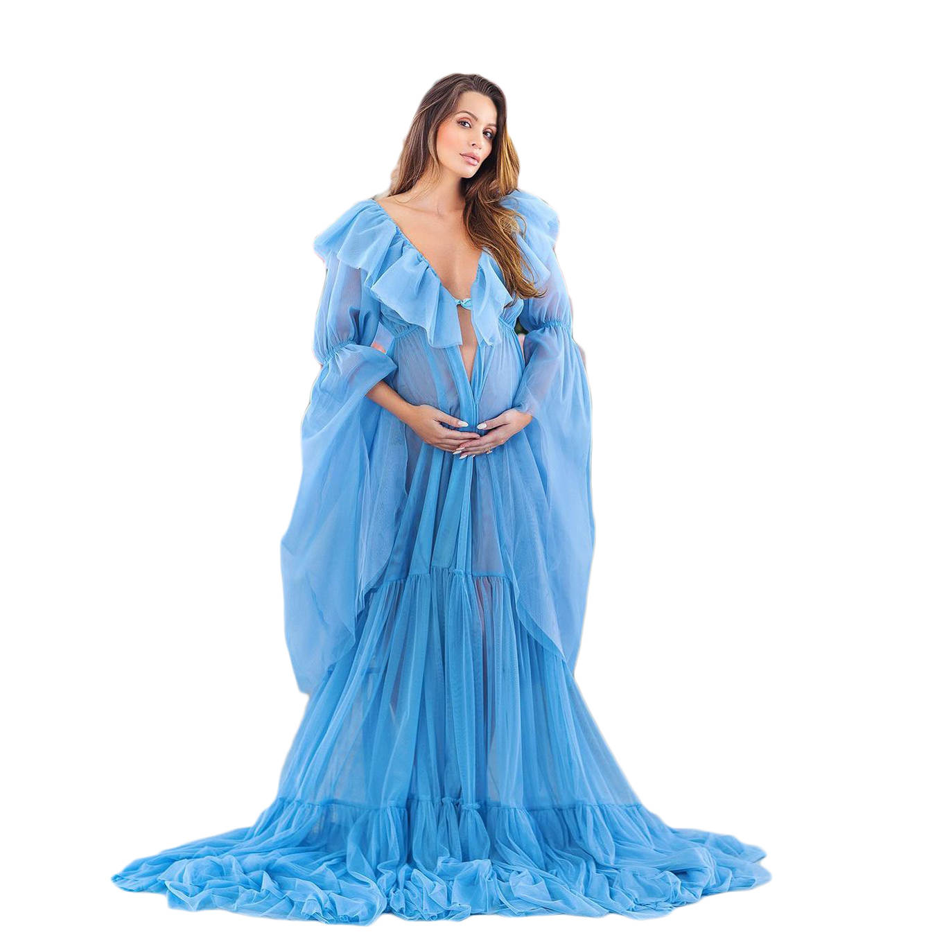 Tulle Maternity Prom Dresses Fluffy Tiered For Photoshoot Maternity Gown Lace Long Sleeves A Line Dress Customized