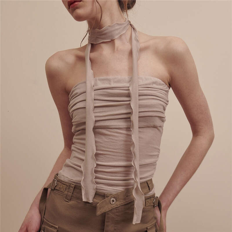 2023 Spring New Women's Solid Color Slim Fit Fashion Off-Shoulder Ruched Sexy Backless Tank Top 626
