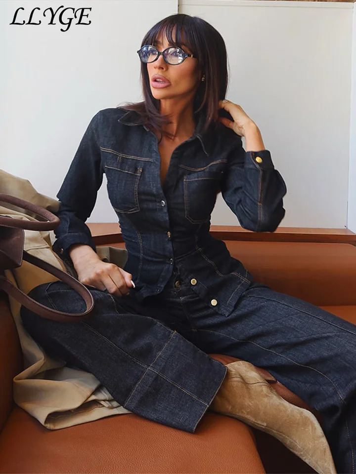 Fashion Denim Jacket Pant Sets Women Slim Spliced Single Breasted Jackets Zipper Wide Leg Jeans Lady Vintage Commute Outfit 250723