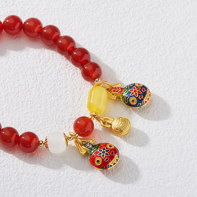 New Design Chinese Style Versatile Bracelet Natural Red Agate with Gold Devouring Beast Type II Amber Pendant for Women