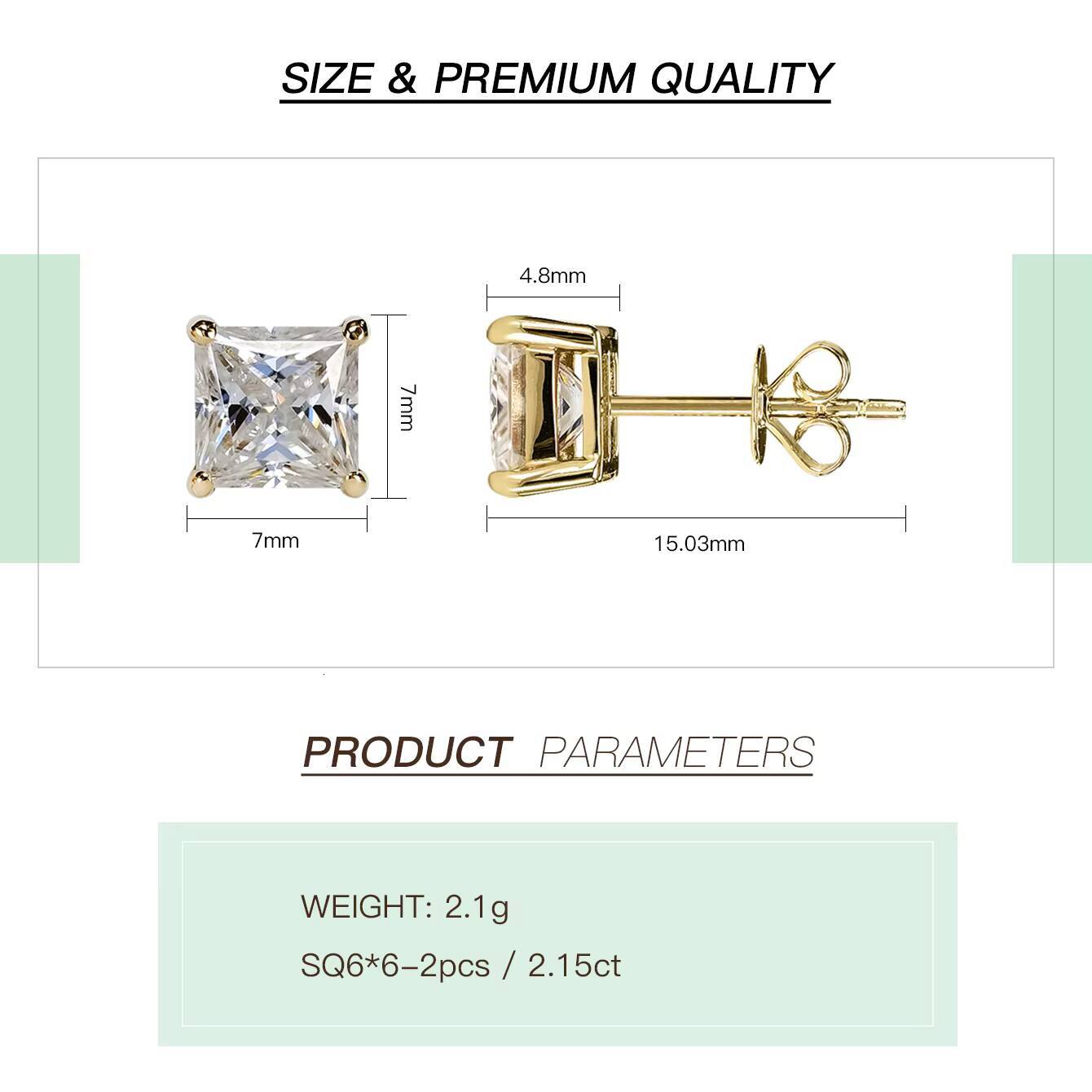 Custom 7mm VVS Moissanite Lab Grown Diamond Square Women Earrings Luxury 925 Silver Gold Plated Moissanite Earrings