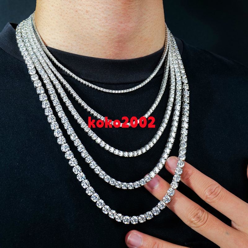 Round Lab Created Moissanite 2mm to 6mm Width Tennis Chain Necklace for Hip Hop Men Women White Gold Plated 925 Sterling Silver