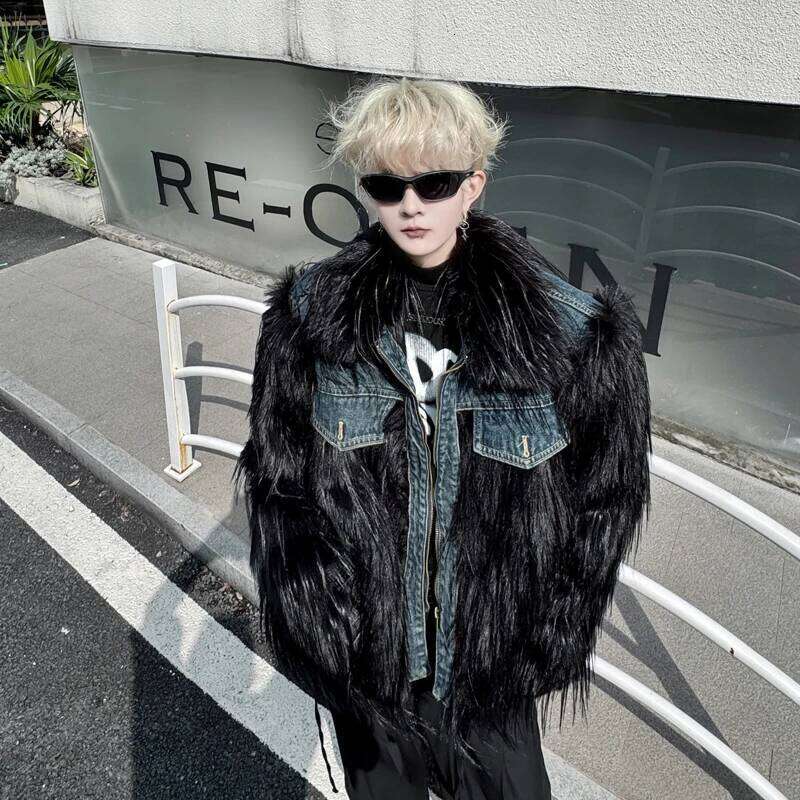 2025 Winter New Male Warm Imitation Fur Cotton-Padded Men's High-End Trendy Handsome Lapel Denim Splicing Cotton Jackets