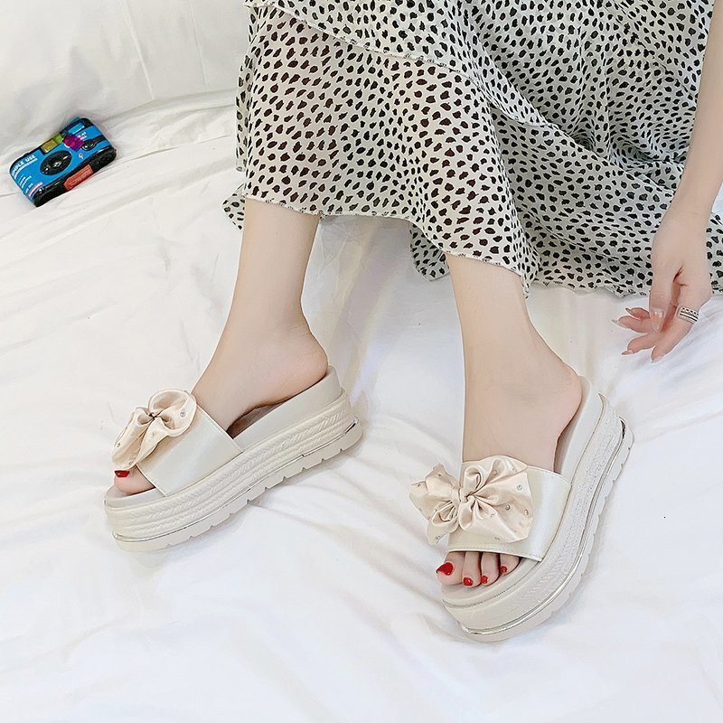 Ddmysports Women S With Bowknot Summer New Wedge Thick Sole Outdoor One Word Slippers Fashion Height Increasing Shoes Outdoor Shoes