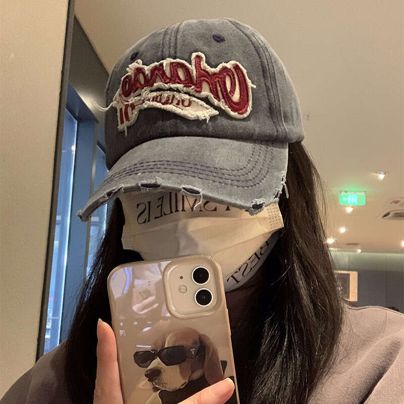 american style vintage baseball cap for women large head circumference washed distressed denim wide brim duckbill cap face slimming hat