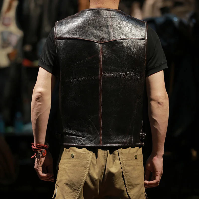 Mens Casual Retro Cowhide Leather Motorcycle Vest Sleeveless Tank Top in BrownCoffeeBlue Colors for Waistcoat Wear 250725