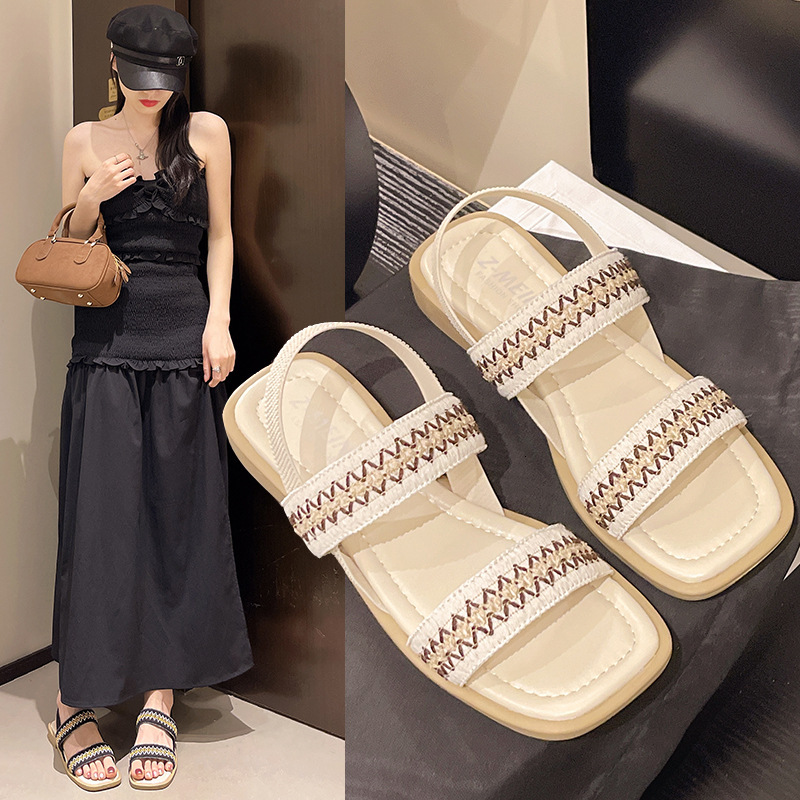 Ddmysports Chunky Heel For Women Summer New Fashionable Versatile Casual Beach One Strap Ethnic Style Roman Sandals Outdoor Shoes