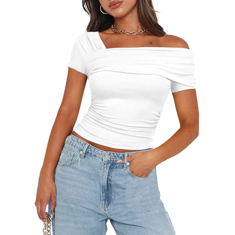 Y23tp706 Women's Autumn New Solid Color One-Shoulder Short Sleeve Backless Ruched Top T-Shirt B5