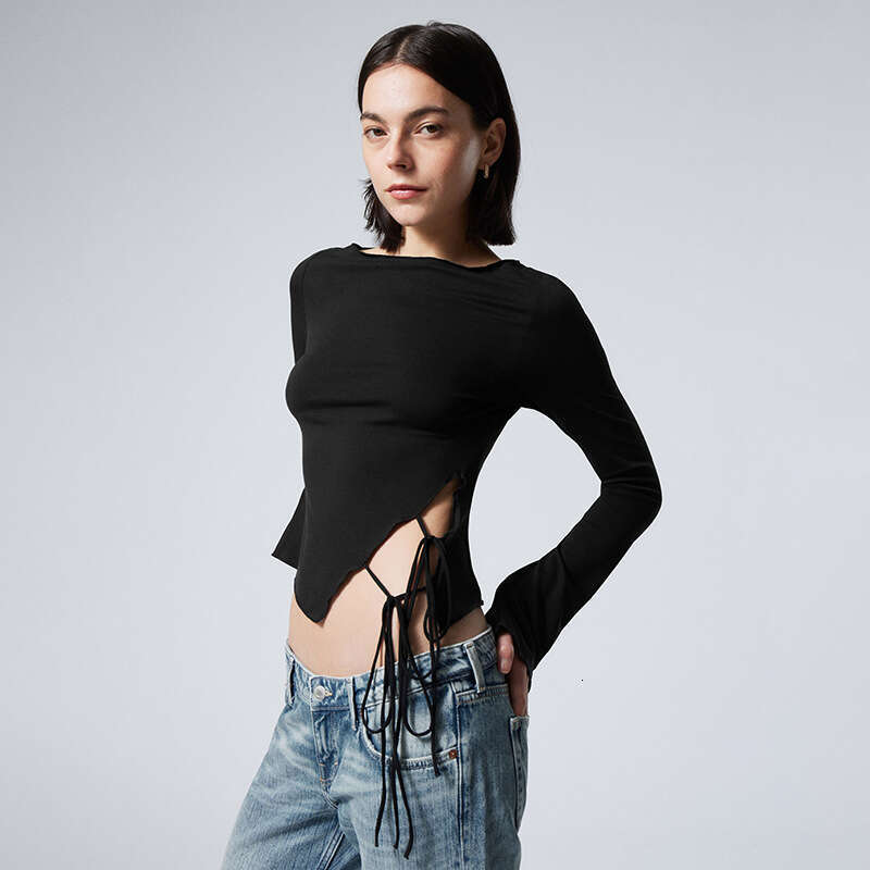 Ytp222 Women's Summer New Pullover Ruffled Solid Color Side Tie T-Shirt Top B5