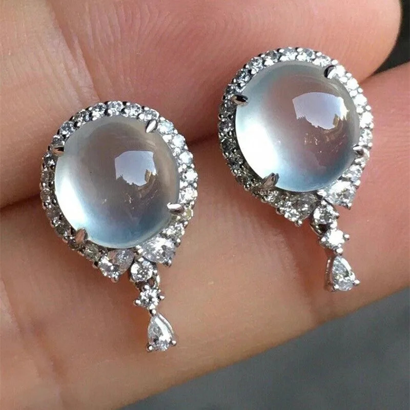 Ins Female Clear Moon Stone Stud Earrings For Women Vintage Silver Color Zircon Wedding Engagement Round Ear Studs Party Jewelry 250722