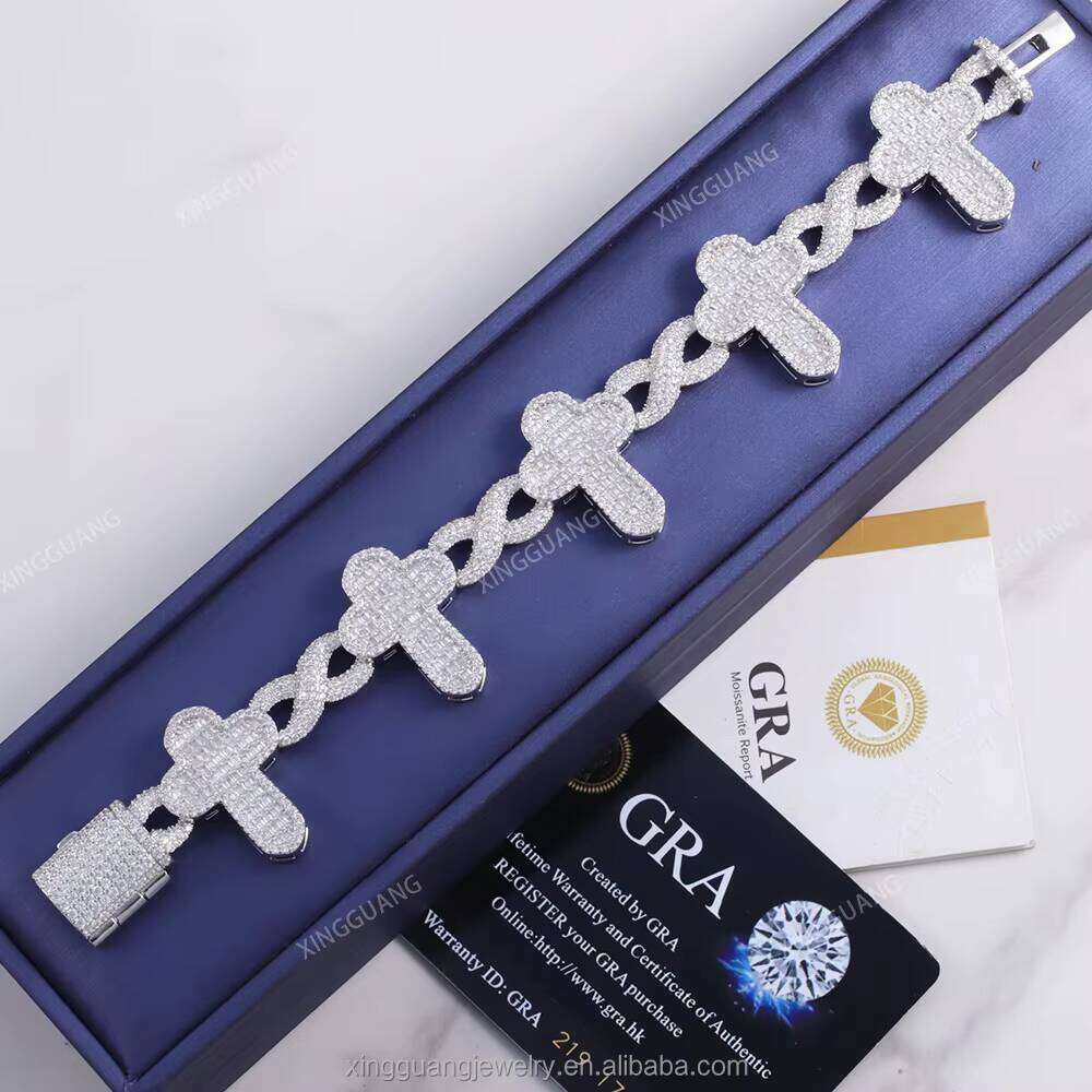 New Design Hip Hop Jewelry Gold Plated Pass Tester Vvs Moissanite Baguette Cut Dia Cross Cuban Link Bracelets