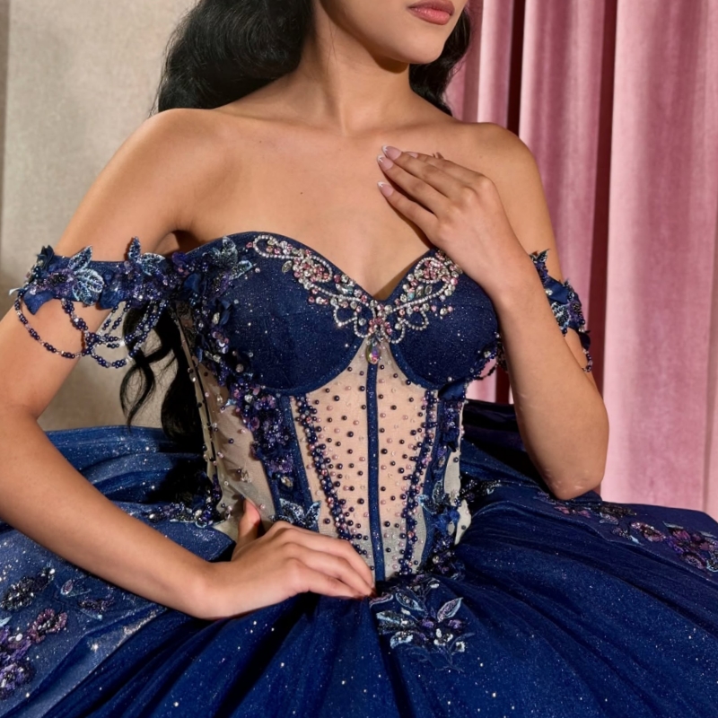 Navy Blue Shiny Quinceanera Dresses Ball Gown Off The Shoulder Applique Lace Beads Bow Party Birthday Sweet 16 Dress Vestidos 15 Vestidos 15 Anos
