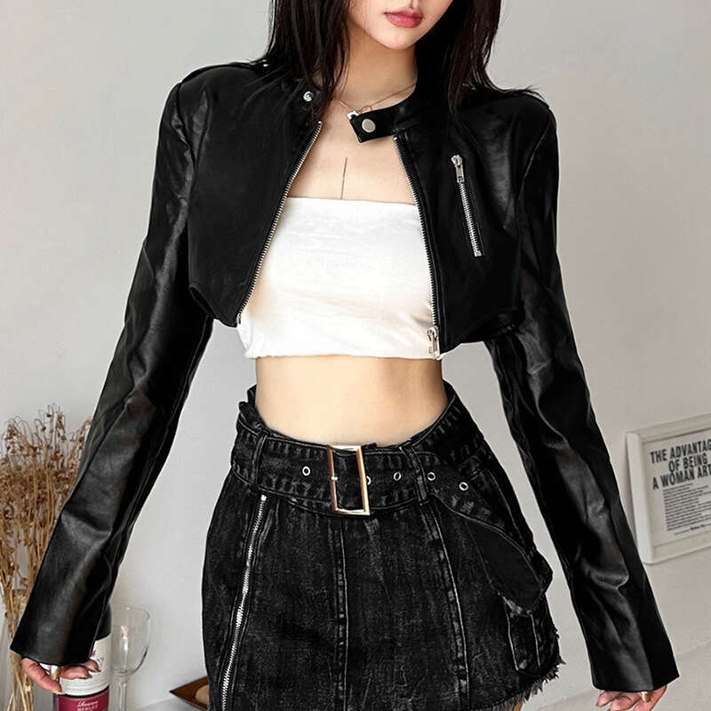 2023 Summer New Women's Solid Color Slim Street Fashion Round Neck Zipper Long Sleeve Jacket b8f